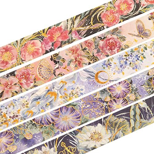 YUBBAEX Blooming Washi Tape Set Gold Foil Masking Tape Peony Wide Decorative for Arts, DIY Crafts, Journal Supplies, Planners, Scrapbook, Card/Gift Wrapping -25mm- (Purple Flowers)