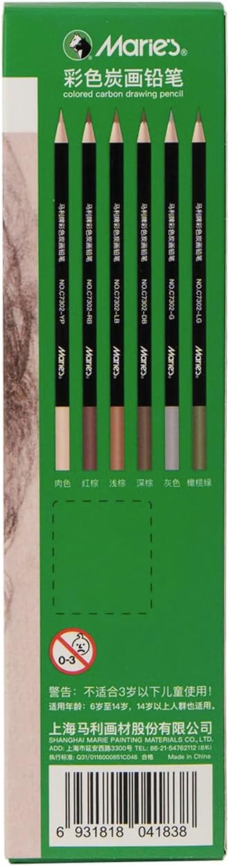 Marie's Colored Charcoal Pencils Set, 6 Colors 12 Pieces, Pastel Chalk Pencils for Drawing, Sketching, Coloring & Shading, Art Supplies for Adult Artists (Multicolor)