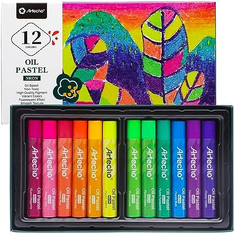 Artecho Neon Oil Pastels Set of 12 Colors (10 x 70 mm) | Soft Oil Pastels, For Art Painting, Drawing, Blending, For Artists, Beginners, Students, Teachers