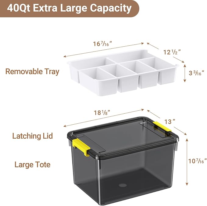40Qt Stackable Storage Bins with Lid Tray Craft Box Organizer, 1Pack,GY