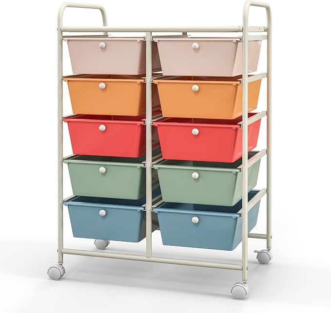 Giantex 10 Drawers Rolling Cart, Classroom Organizers, Storage Cart with Wheels, for Teacher Office Home School Supplies Tool Craft Art Paper, Multicolor