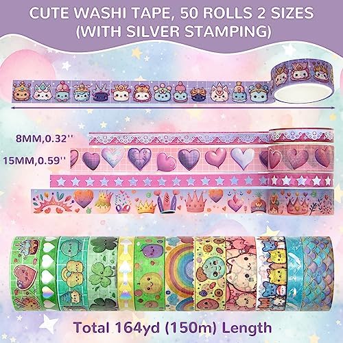 WAPETASHI 50 Rolls Washi Tape Set, Silver Cute Washi Tape for Scrapbooking, Bullet Journal, Planner, Gift, Rainbow Masking Decorative Tape for Kids