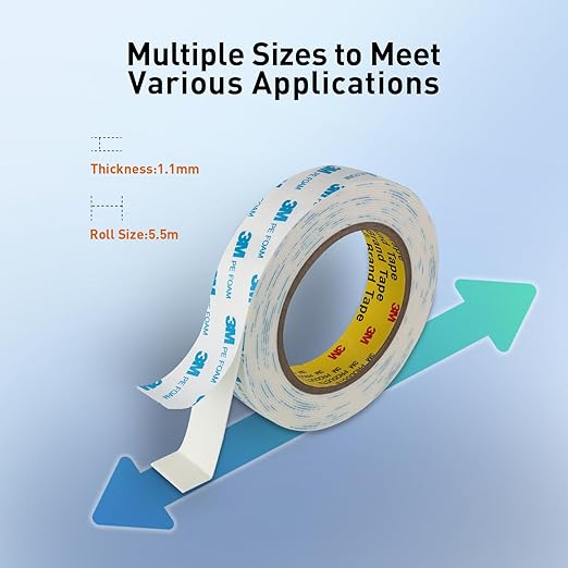 3M Double Sided Tape, 1/2" x 18Ft Foam Tape, 1600T, White, 2 Pack