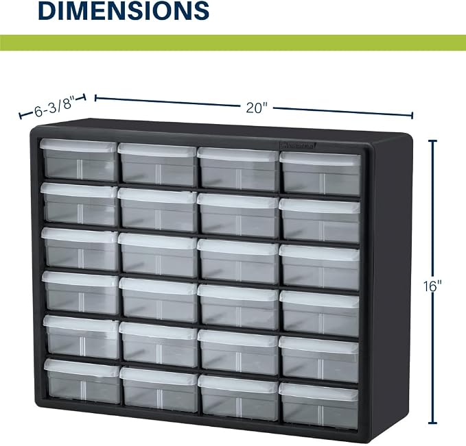 Akro-Mils 24-Drawer Plastic Storage Cabinet | 20" W x 6" D x 16" H | Black | Model 10124 | Garage Organization