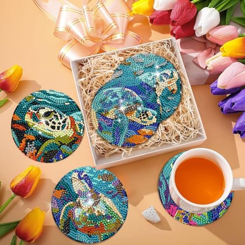 DOTSOPS 8 Pcs Ocean Diamond Art Coasters Kits for Adults with Holder 4 in