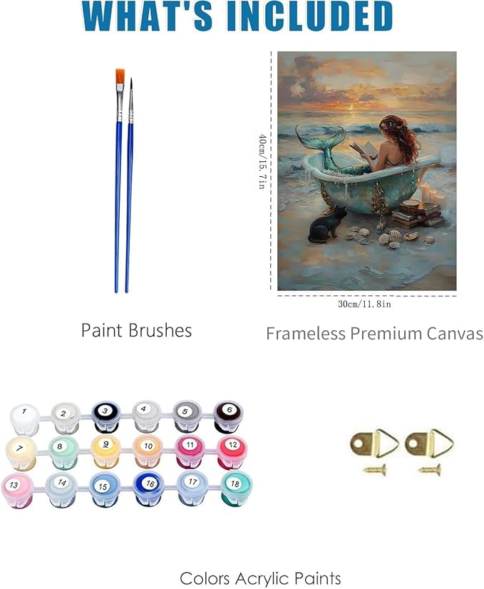 Mermaid bathtub Paint by Numbers Kit for Adults Beginner (Without Frame) | Beach shells Paint by Number Kits on Canvas DIY Acrylic Oil Easy Painting by Numbers for Home Wall Decor Gift12X16 in