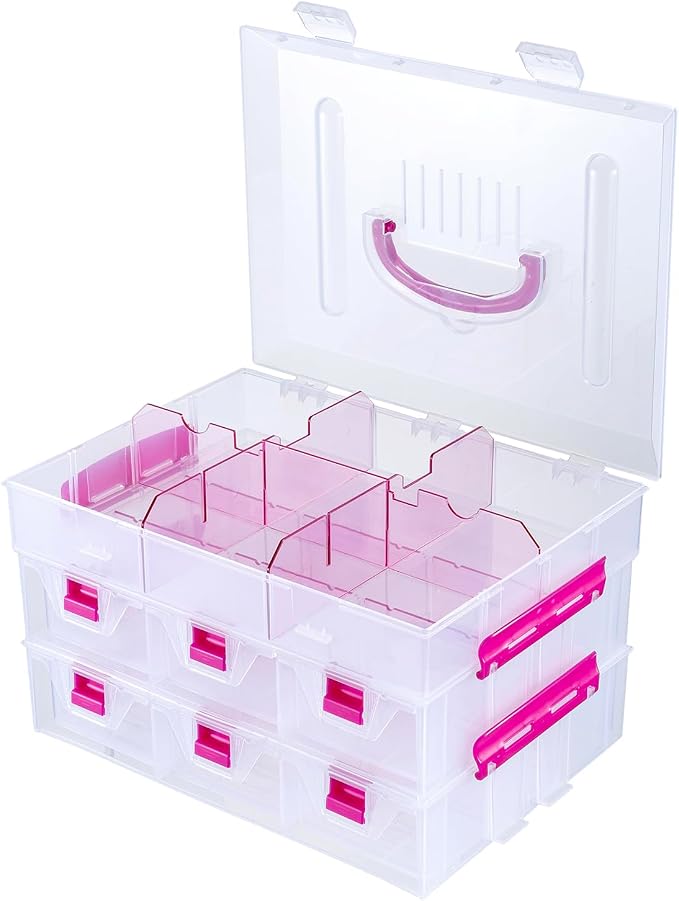 MyGift 11 Inch Clear Arts and Crafts Stackable Container, Sewing Supplies Storage Organizer Case with Pink Accents, 24 Customizable Compartments, and 6 Drawers with Removable Dividers