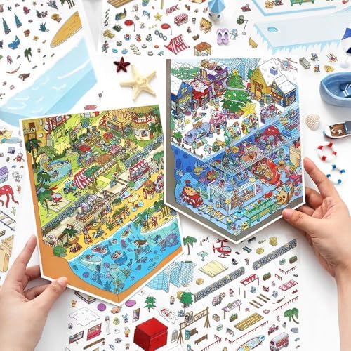 2 Sets DIY 2.5D Scene Stickers – Snow & Sunset Resort Miniature Landscape Stickers for Adults, Scrapbooking, Journaling, Stress Relief & Creative DIY Crafts