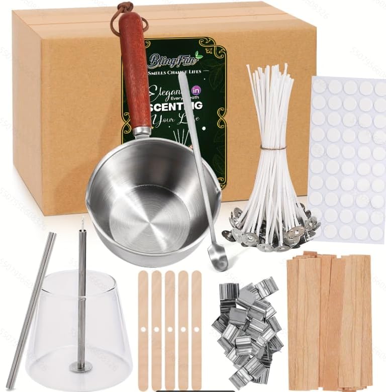 Candle Wicks for Candles Making,Including Melting Pot,2 Types Candle Wick,Wick Stickers,Wick Holders,Wick Placing Tube,All-in-One Starter Set for DIY Soy, Beeswax, Paraffin Candles