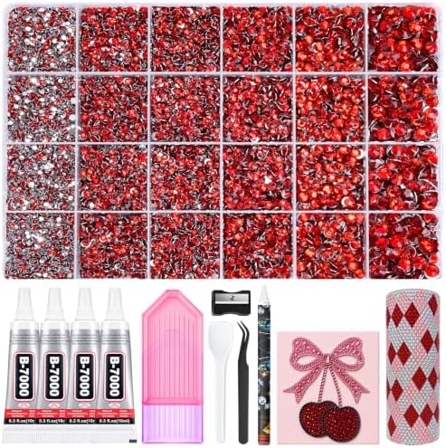 32000 Pcs Resin Jelly Rhinestones Kit, Red Flatback Rhinestones 3mm (2–6mm Size Options), Crystal Bedazzling Kit with 4 Pcs B7000 Glue & Tools for Nail Art, DIY Crafts & Clothing Decoration
