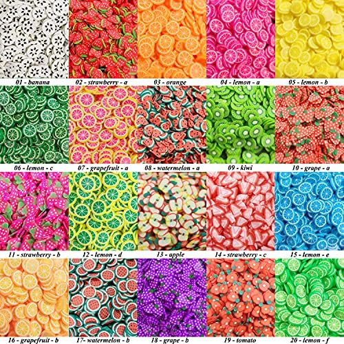 20000 pcs (20 Styles) Fruit Clay Slices Charms, VEINARDYL Nail Art Slices 3D Polymer Clay for DIY Crafts Resin Slime Making Cellphone Decoration