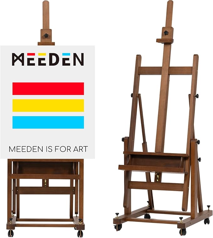 MEEDEN Enlarged H-Frame Art Easel: Solid Beech Wood Artist Heavy Duty Easel | Professional Painting Art Easel Stand for Adults Artist Painters - with 4 Lockable Wheels - Hold Canvas up to 86" - Walnut