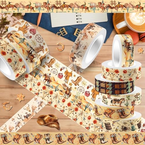 12 Rolls Western Washi Tape Masking Decorative Cowboy and Cowgirl Washi Tape for DIY Craft Gift Wrapping Handbook Sticker Scrapbook Journaling Party Favor