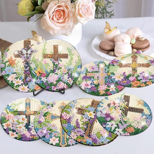 8 Pcs Diamond Art Coasters Kits for Adults, Cross Diamond Coasters 4x4in