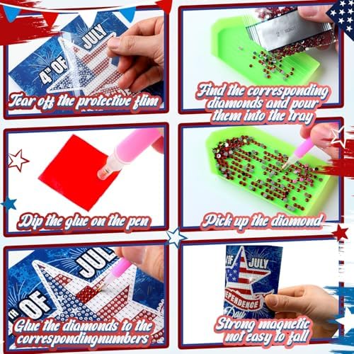 Saillong 12 Pack 4th of July Diamond Painting Greeting Card Kits Patriotic Diamond Art Cards with Envelopes Independence Day Red White Blue 5D Rhinestones Painting Making Kits for Adult DIY Craft Gift