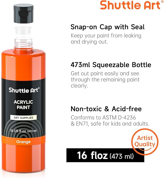 Shuttle Art Acrylic Paint, 15 Colors Acrylic Paint Large Bottle Set, 473ml/16oz Each, Rich Pigments, High Viscosity, Bulk for Artists, Beginners and Kids on Rocks Crafts Canvas Wood