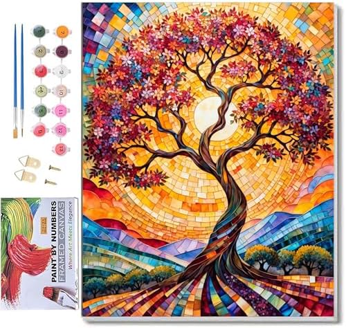 ldazao Tree of Life Framed Paint by Numbers Kit for Adults Stained Glass Paint-by-Number Artist Kits On Canvas with Frame DIY Adult Trees Oil Painting for Gift Home Wall Decor 9.5x12 Inch