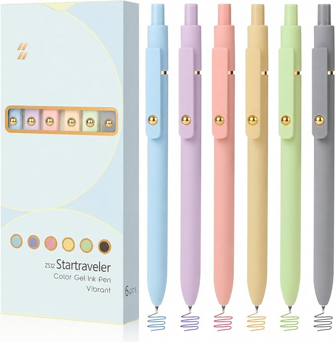 FIOVER Colored Gel Pens 6 Pack 0.7mm Medium Point Pens for Journaling