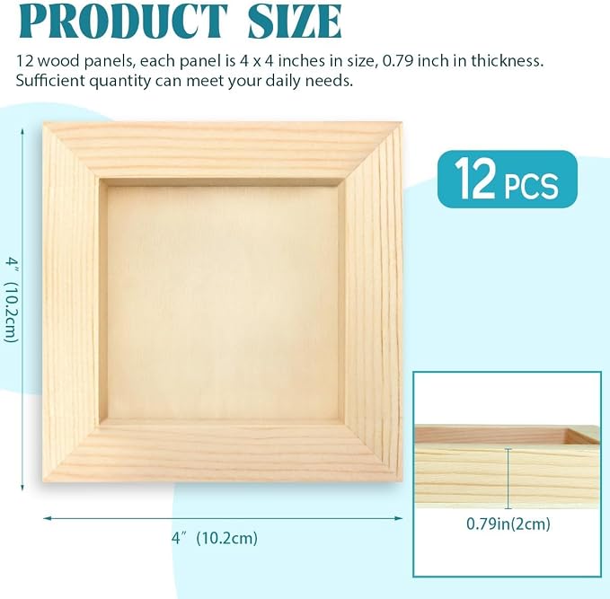 FSWCCK 12 Pack 4 x 4’’ Wooden Panel Boards, 0.79’’ Deep Unfinished Wood Canvas Panels for Crafts, Painting Canvas, DIY Art Projects, Pouring Arts