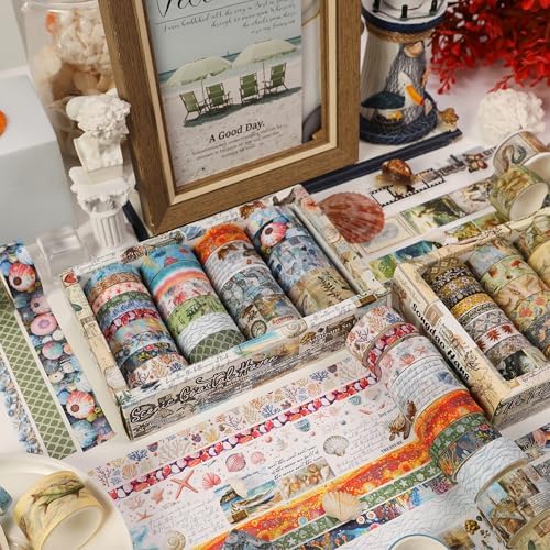 Vintage Washi Tape Set - 24 Rolls Arts Adhesive Tapes Assorted Retro Decorative Masking Tape Sets for Craft, Kids, Scrapbook, DIY, Gift Wrapping (8-Sea Treasures)