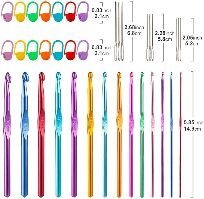Vodiye 14 Sizes Crochet Hooks Set 2.0–10.0mm, Colorful Metal Crochet Needles, Ergonomic for Comfortable Crocheting