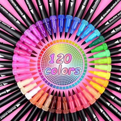 120 Colors Dual Markers Brush Pens, Art Markers Colored Pens for Adult Coloring Books, Brush and Fine Point Dual Tip Artist Colored Marker Set