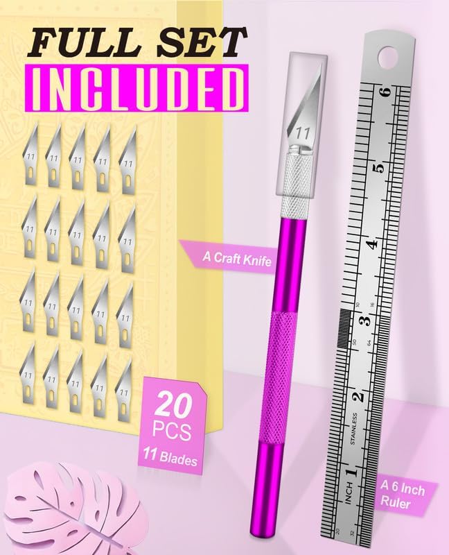 DIYSELF Craft Knife Set with 20 Extra #11 Blades, Aluminum Handle, Ruler | Exacto Knife Kit for DIY, Art, Model Making, Craft Knife with Blades for Artists & Modelers, Aluminum Handle, Purple