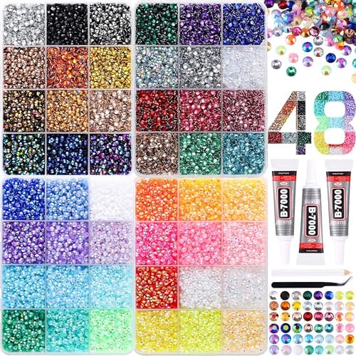 36000Pcs in 48 Colors Rhinestones for Bedazzling and Diamond Art, 3mm Flatback Gems with 3×10ml B7000 Jewelry Glue Tweezers, Perfect for Nail Art, Crafting, Clothing, Fabric Decor