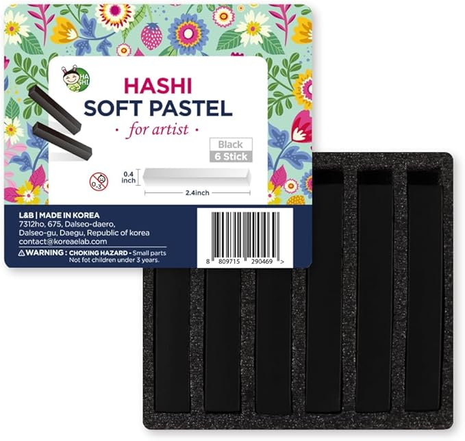 HA SHI Soft Chalk Pastels for Adult Artists, Black, 6 Square Sticks