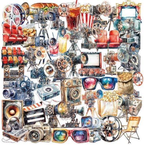 50 Pcs Vintage Movie Projector Stickers Clear Film Camera Retro Cinema Aesthetic Scrapbook Decals Waterproof PET Stickers for Journals Laptops Notebooks Art Crafts