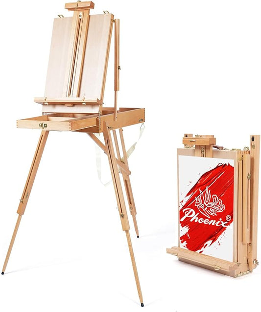 PHOENIX Beechwood Foldable French Box Easel - Portable Sketchbox with Drawer and Palette for Plein Air, Outdoor Travel, Field Art Wooden Easel Stand for Adults Artist