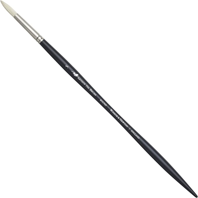 Winsor & Newton Artists' Oil Hog Paint Brush, Long Handle Size 5, Round | Handcrafted with interlocked Chungking bristles; Have spring, stiff, & flagged allowing large amounts of colour to be carried