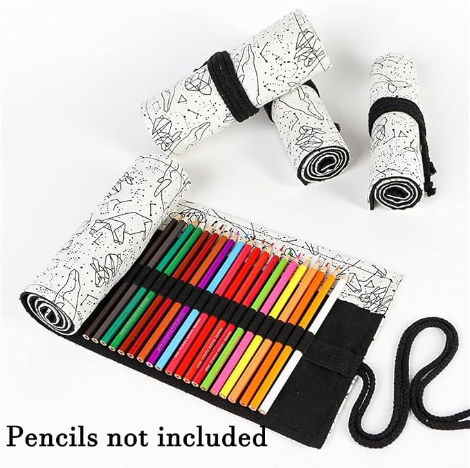DIYOMR 24/36/72 Slots Pencil Wrap Pencil Rolls, Artist Colored Pencils Roll Up Bag Short Brushes Pouch Case Pencils Organizer for Drawing Coloring and Sketching,No Pencils (White Starry Sky, 72slots)
