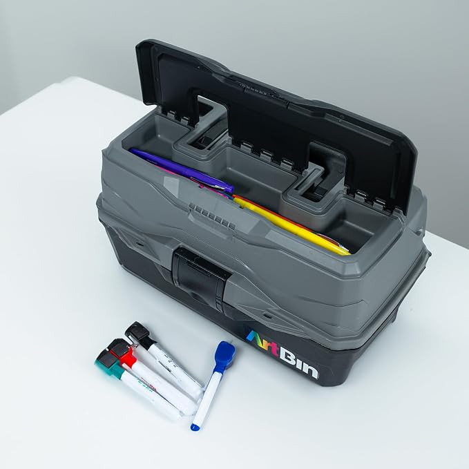 ArtBin 6892AG 2-Tray Art Supply Box, Portable Art & Craft Organizer with Lift-Up Trays, [1] Plastic Storage Case, Gray/Black