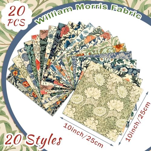 HunnmingRe 20 Pcs 10''x10'' William Morris Flower Quilting Fabric Square
