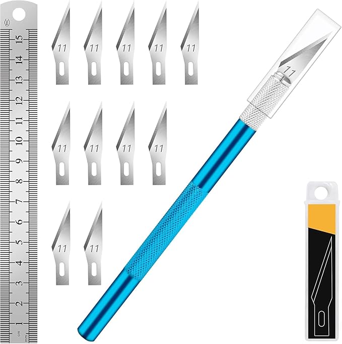DIYSELF Precision Craft Knife with 10 Extra #11 Blades, 6-Inch Metal Ruler | Hobby Knife with Blades for Paper, Vinyl, Polymer Clay, Pottery & Models, Exacto Knife for Crafting, Crafters, Blue
