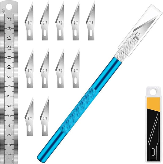 DIYSELF Precision Craft Knife with 10 Extra #11 Blades, 6-Inch Metal Ruler | Hobby Knife with Blades for Paper, Vinyl, Polymer Clay, Pottery & Models, Exacto Knife for Crafting, Crafters, Blue