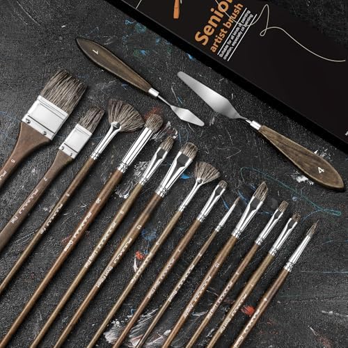 Oil Paint Brush Set, 15Pcs Fuumuui Professional Paint Blending Brushes Natural Badger Bristle with Flat, Fan, Angle, Round, Filbert for Acrylic Oil Painting with 2pc Palette Knife