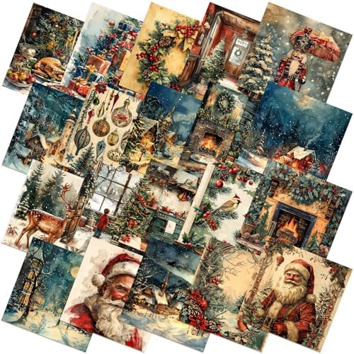 HunnmingRe 20 Pcs 10''x10'' Vintage Christmas Quilting Fabric Square Nutcracker Santa Claus Quiltted Fabric Bundle Reindeer Precuts Printed Patchwork Supplies for Winter Xmas DIY Sewing Craft