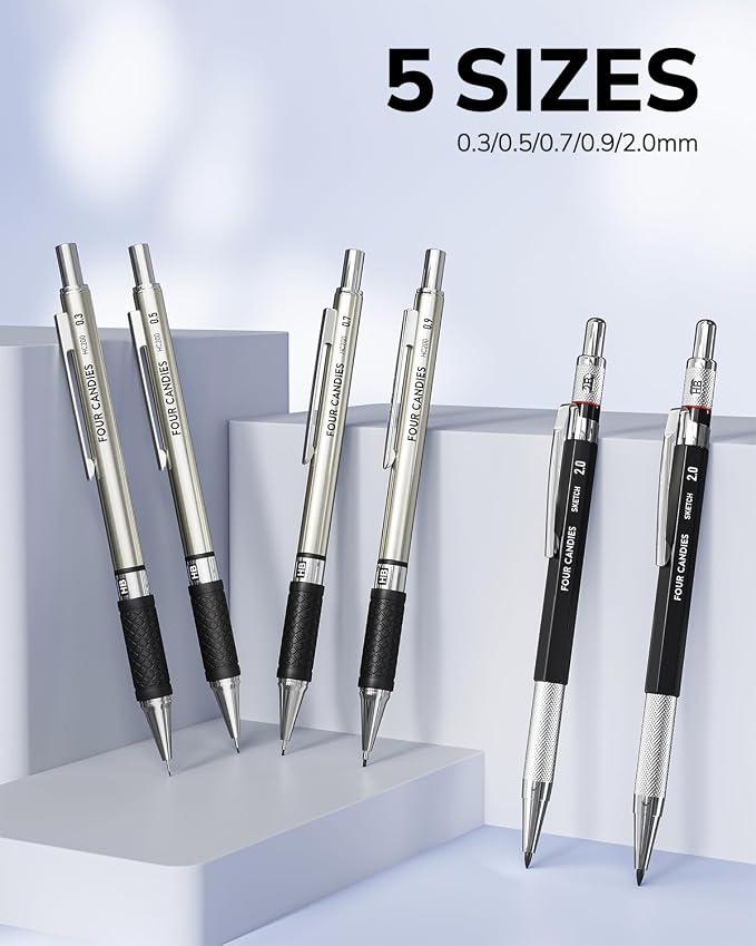 Four Candies 27PCS Metal Mechanical Pencil Set, Art Supplies with Case | 0.3, 0.5, 0.7, 0.9 mm & 2PCS 2mm (HB 2H 2B 4B Color) with 552 Lead Refills, Technical Drafting Drawing Kit for Teen & Adults