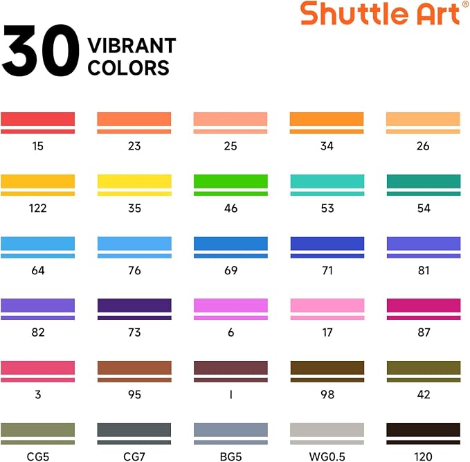 Shuttle Art 30 Colors Dual Tip Art Markers Permanent Marker Pens Highlighters Perfect for Illustration Adult Coloring Sketching and Card Making