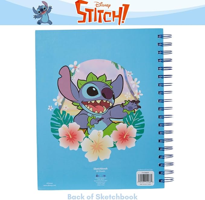 Disney Stitch Sketchbook for Kids with Colored Pencils, Pencil Sharpener, Eraser, Spiral Bound, Blue