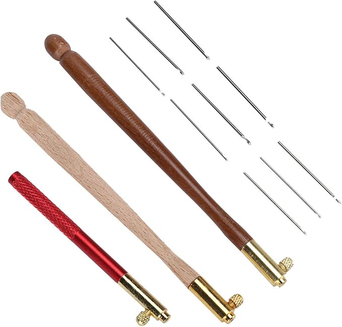 Kodrily 3Pcs Tambour Tools, Stainless Steel Wood Handle Embroidery Crochet Hooks with 9 Needles Tambour Hooks Kit, DIY French Tambour Hook Sewing Craft Tool for Sequin, Beading