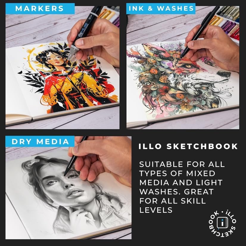 Illo Sketchbook XL 10" x 10" Square Hardcover Sketch Book, 112 Sheets, 112lb/180gsm Heavyweight Paper, Ribbon Marker, Back Pocket, Lays Flat, Minimal Bleed, Vegan, For Artists & Beginners