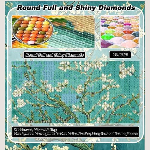 VeGuude Diamond Art Kits for Adults, Full Drill Van Gogh Almond Blossom Diamond Painting Kits for Beginners, DIY Full Rhinestone 5D Diamond dots (Gemstone Craft), Home Wall Decoration (12x16 inch)