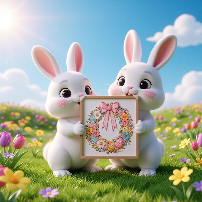 JJFox Embroidery Kit for Beginners and Adults, DIY Hand Embroidery Starter Kit with Cute Pattern, Cross Stitch Needlepoint Set with Hoop, Threads and Instructions (Easter Wreath)