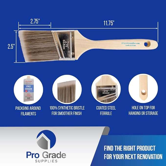 Pro Grade Paint Brushes, 2.5 Inch Angle Paint Brush, Walls & Trim, 12 Pack | Sash, cut-in & detail work | Furniture, cabinets & doors | Interior & exterior | Latex, oil & stain | Medium stiff bristles