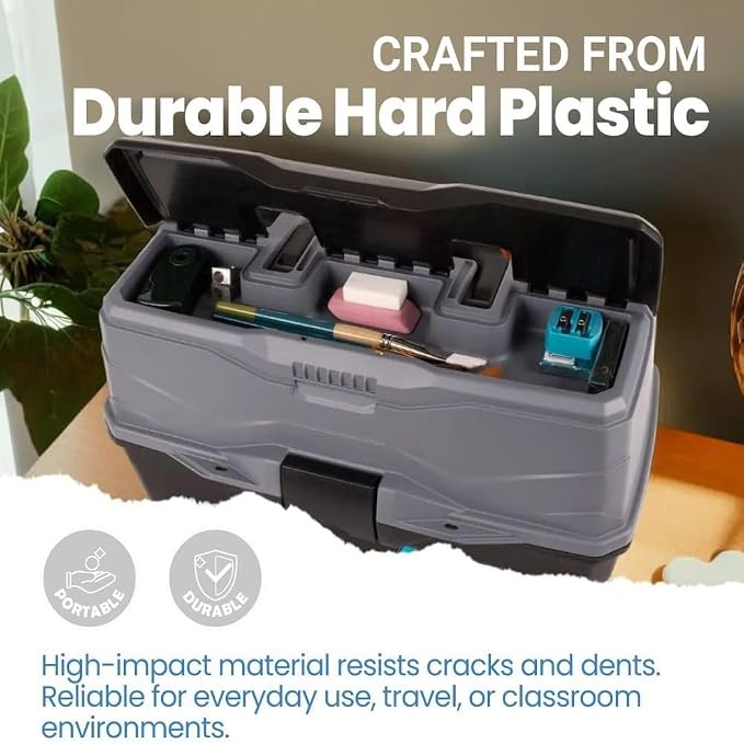 ArtBin 3-Tray Art Supply Box Versatile Organizer for Brushes, Paints, Stamps, and More - Durable Hard Plastic, Secure Closure, Portable with Top Trays and Dividers