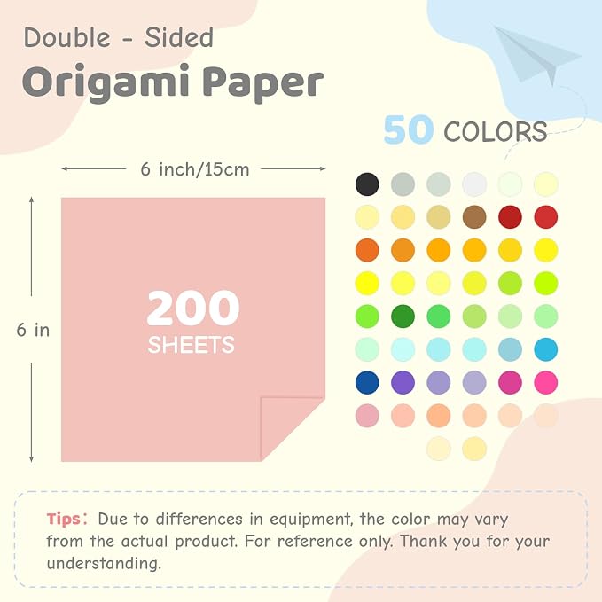 50 Colors Origami Paper 200 Sheets 6x6 Inch Double Sided Colored Paper | Square Folding Paper for Arts, Crafts, DIY Projects, Scrapbooking, Kids Activities and Classroom Creations