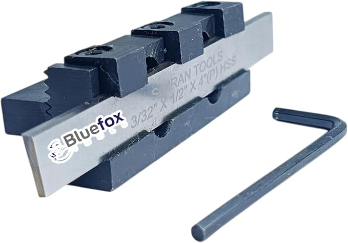 8mm Adjustable Lathe Parting Cut Off Tool Holder with 3/32" x 1/2" x 4" HSS Blade, Heavy Duty Steel, Front & Rear Tool Post Compatible for Mini & Bench Lathes